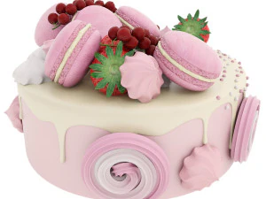 Pink cake with macaroons 3D Model