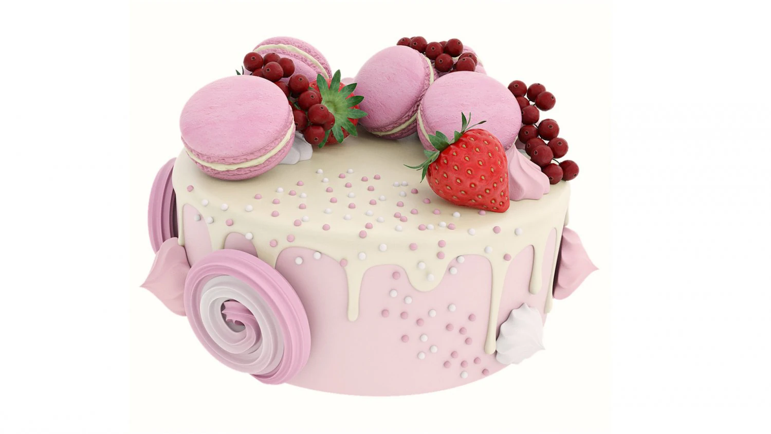 Pink cake with macaroons 3D Model .c4d .max .obj .3ds .fbx .stl .blend 