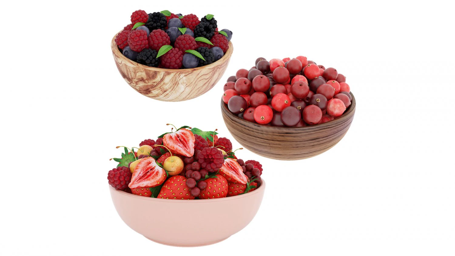 Berry wooden bowls 3D Model .c4d .max .obj .3ds .fbx .stl .blend 