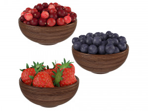 Berries in Wooden Bowls 3D Model