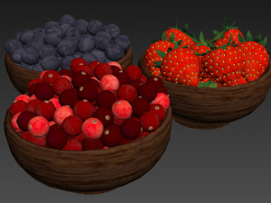 Berries in Wooden Bowls 3D Model