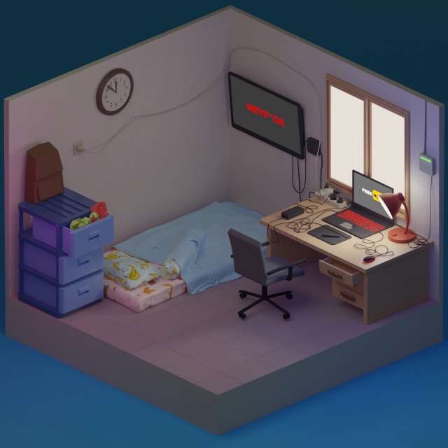 low poly small bedroom 3D 모델 .c4d .max .obj .3ds .fbx .stl .blend 