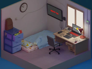 dormitorio peque&ntilde;o de baja poli Modelo 3D