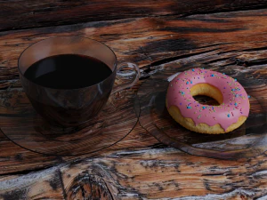 een kopje koffie en een donut op glazen schoteltjes 3D Model