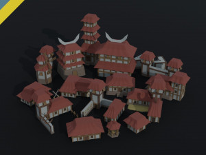 Cartoon asian city asset Polygonal Style 3D Model