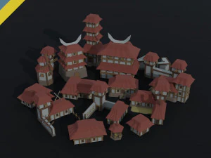 Ativo de cidade asi&aacute;tica de desenho animado estilo poligonal Modelo 3D