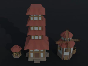 Cartoon asian city asset Polygonal Style 3D Model