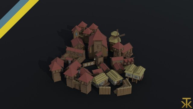 Cartoon medieval wood city asset Polygonal Style Modelo 3D .c4d .max .obj .3ds .fbx .stl .blend 