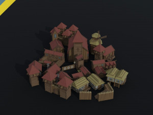 Cartoon medieval wood city asset Polygonal Style Modello 3D