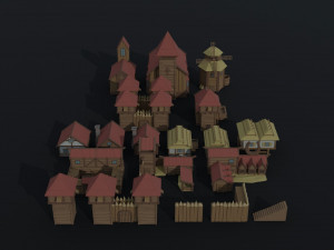 Cartoon medieval wood city asset Polygonal Style Modelo 3D