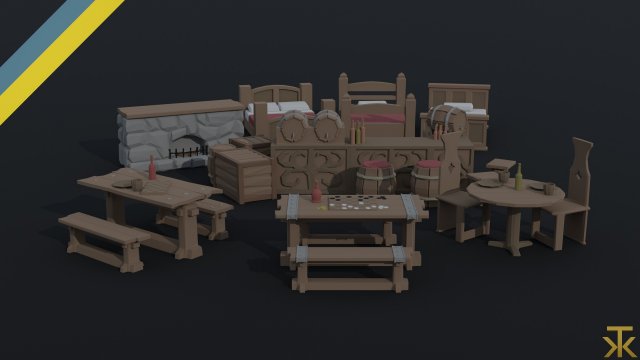 Cartoon medieval tavern interior asset Polygonal Style Modello 3D .c4d .max .obj .3ds .fbx .stl .blend 