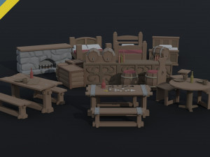 Cartoon medieval tavern interior asset Polygonal Style 3D 模型