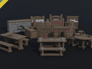 卡通中世纪酒馆内部资产多边形风格 3D 模型