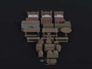 Cartoon medieval tavern interior asset Polygonal Style Modello 3D
