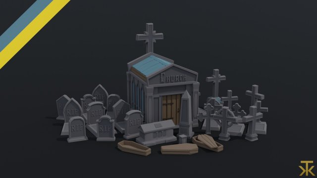 Cartoon stone cemetery Polygonal Style Model 3D .c4d .max .obj .3ds .fbx .stl .blend 