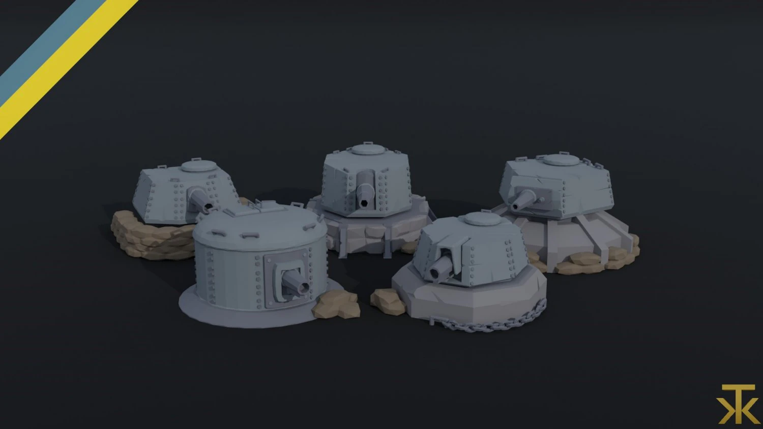 Cartoon Dieselpunk turrets Polygonal Style 3D Model .c4d .max .obj .3ds .fbx .stl .blend 