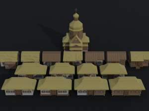 Cartoon medieval Ukraine village Polygonal Style 3D Model
