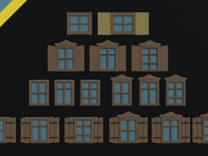 Ventanas de madera de fantasía de dibujos animados estilo poligonal Modelo 3D