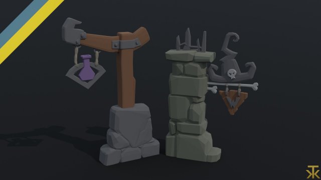 Cartoon fantasy witch road sign Polygonal Style Model 3D .c4d .max .obj .3ds .fbx .stl .blend 