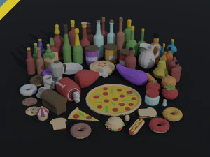 Comida y bebida de dibujos animados estilo poligonal Modelo 3D
