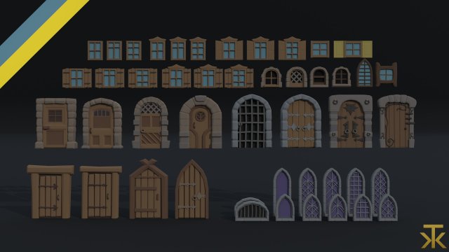 Cartoon medieval doors and windows Polygonal Style 3D Model .c4d .max .obj .3ds .fbx .stl .blend 