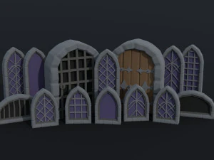 Cartoon medieval doors and windows Polygonal Style 3D Model