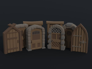 Cartoon medieval doors and windows Polygonal Style 3D Model