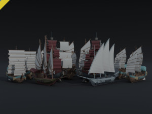 Cartoon medieval ships asset Polygonal Style 3D Model