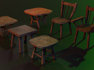 a set of wooden chairs with scuffs and abrasions 3D Model