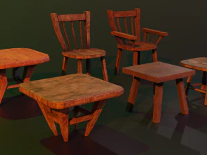 a set of wooden chairs with scuffs and abrasions 3D Model