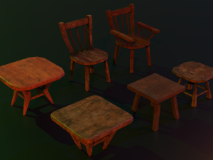 a set of wooden chairs with scuffs and abrasions Modelo 3D