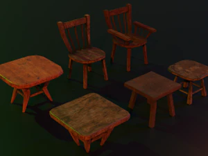 a set of wooden chairs with scuffs and abrasions 3D Model