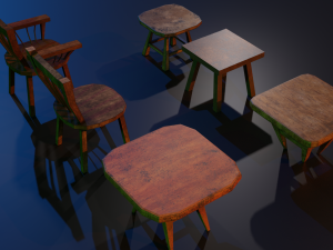 a set of wooden chairs with scuffs and abrasions Modelo 3D