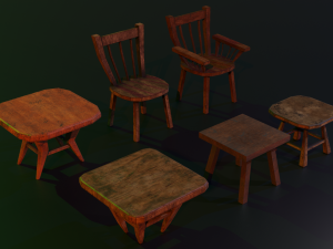 a set of wooden chairs with scuffs and abrasions Modelo 3D