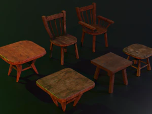 a set of wooden chairs with scuffs and abrasions 3D Model