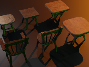 a set of wooden chairs with scuffs and abrasions Modelo 3D