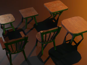 a set of wooden chairs with scuffs and abrasions 3D Model