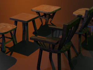 a set of wooden chairs with scuffs and abrasions 3D Model