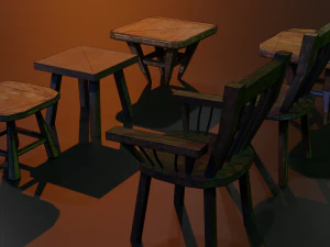 a set of wooden chairs with scuffs and abrasions 3D Model