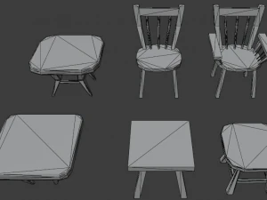 a set of wooden chairs with scuffs and abrasions 3D Model
