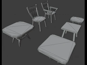 a set of wooden chairs with scuffs and abrasions 3D Model
