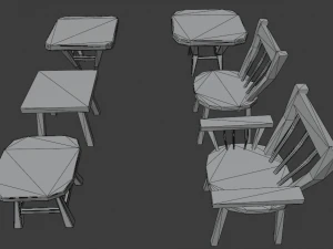 a set of wooden chairs with scuffs and abrasions 3D Model