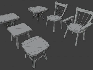 a set of wooden chairs with scuffs and abrasions 3D Model