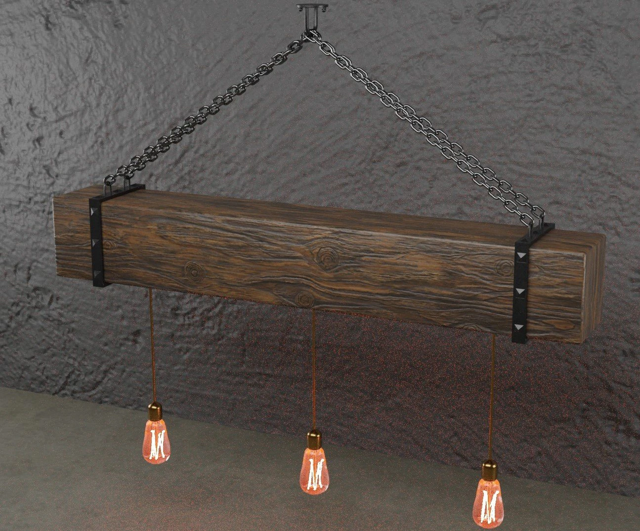 wooden chandelier with forging elements and incandescent lamps 3D Model .c4d .max .obj .3ds .fbx .stl .blend 