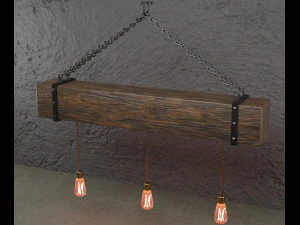 wooden chandelier with forging elements and incandescent lamps 3D Model