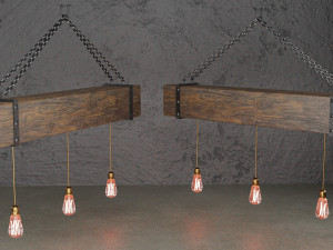 wooden chandelier with forging elements and incandescent lamps 3D-Modell