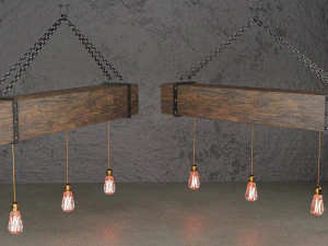 wooden chandelier with forging elements and incandescent lamps 3D Model