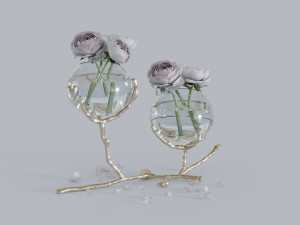 dawt modern classic metal twig 2-glass ball vase holder - gold 3D Model