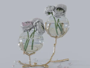 dawt modern classic metal twig 2-glass ball vase holder - gold 3D Model