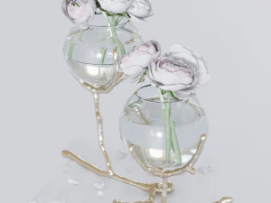 dawt modern classic metal twig 2-glass ball vase holder - gold 3D Model